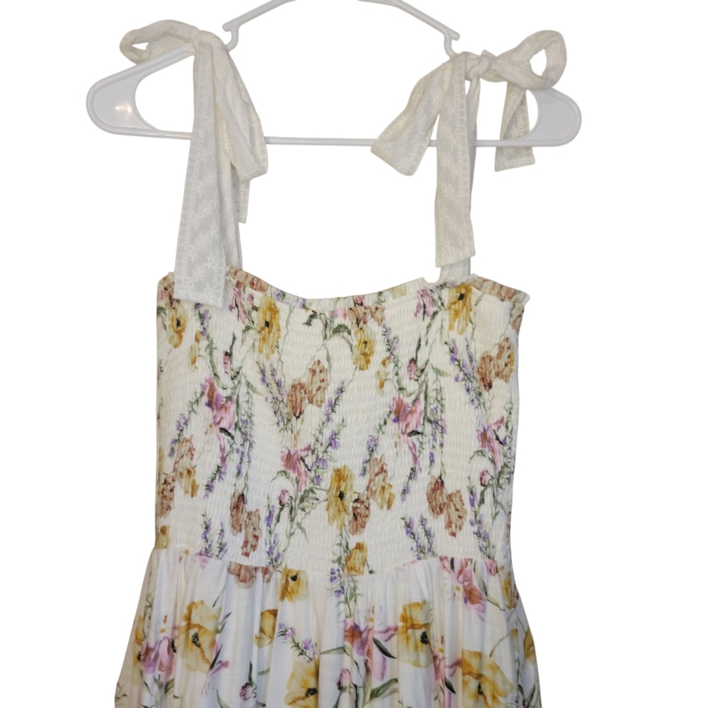 Fanco Floral Smocked Midi Dress Large Cottagecore Tie Shoulder Sundress Romantic - Picture 7 of 11